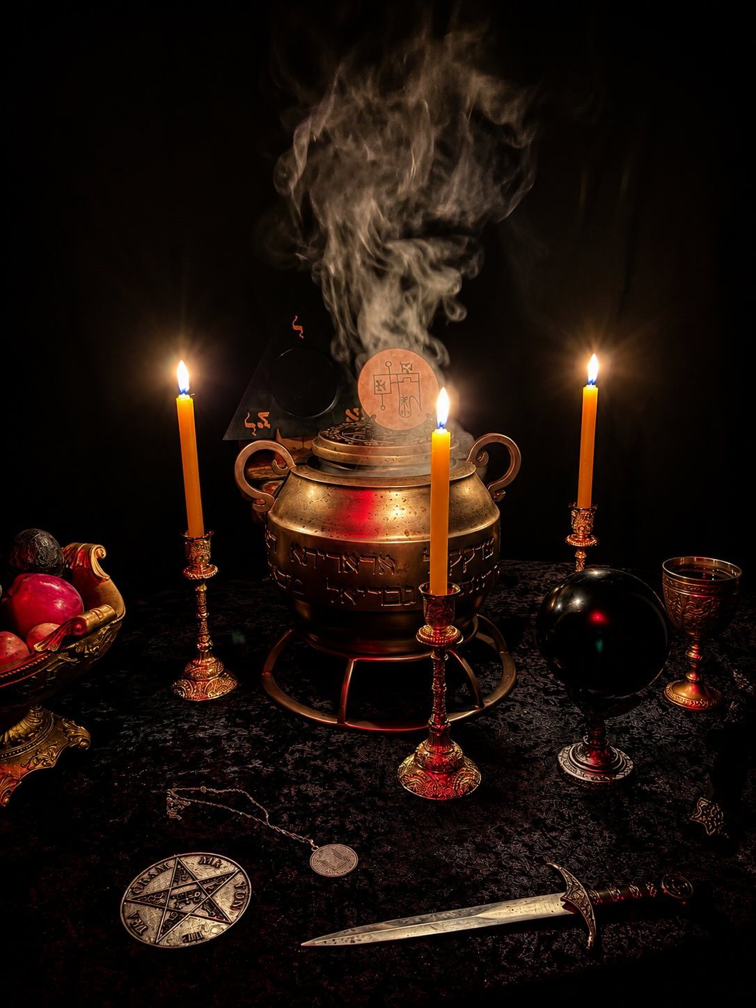 Altar com incenso, cálice e espada cerimonial