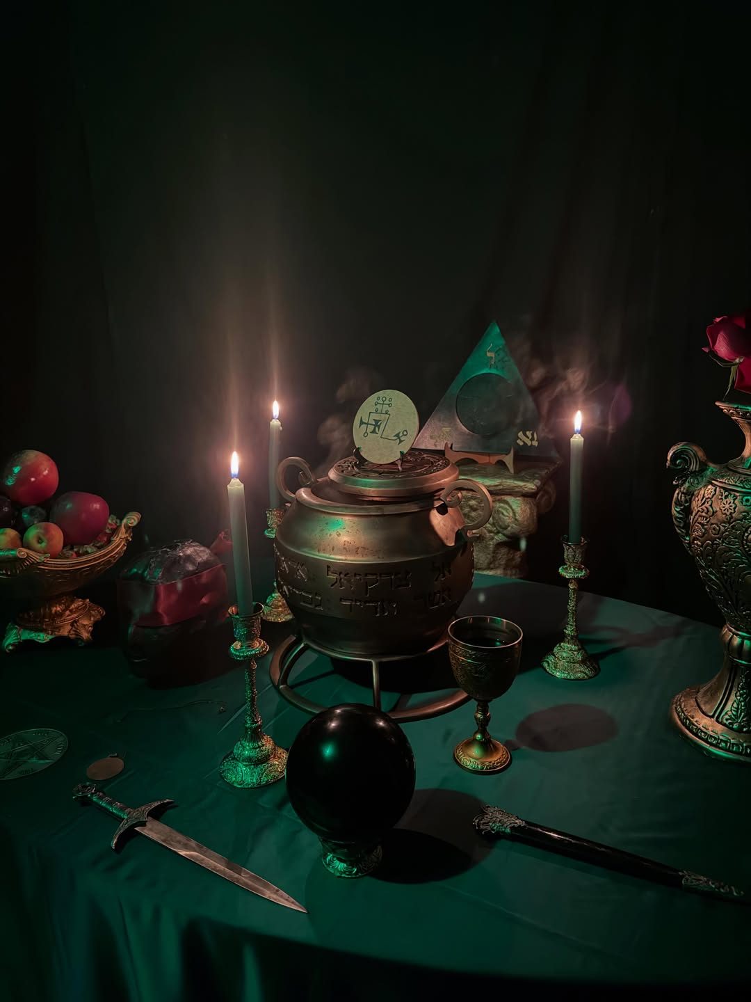 Altar em luz esmeralda com velas e pentáculo