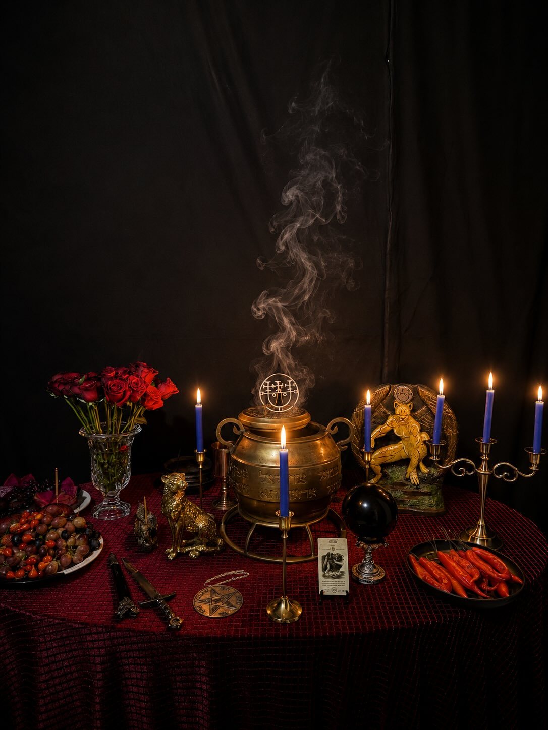 Altar sobre toalha vinho com rosas e pimentas